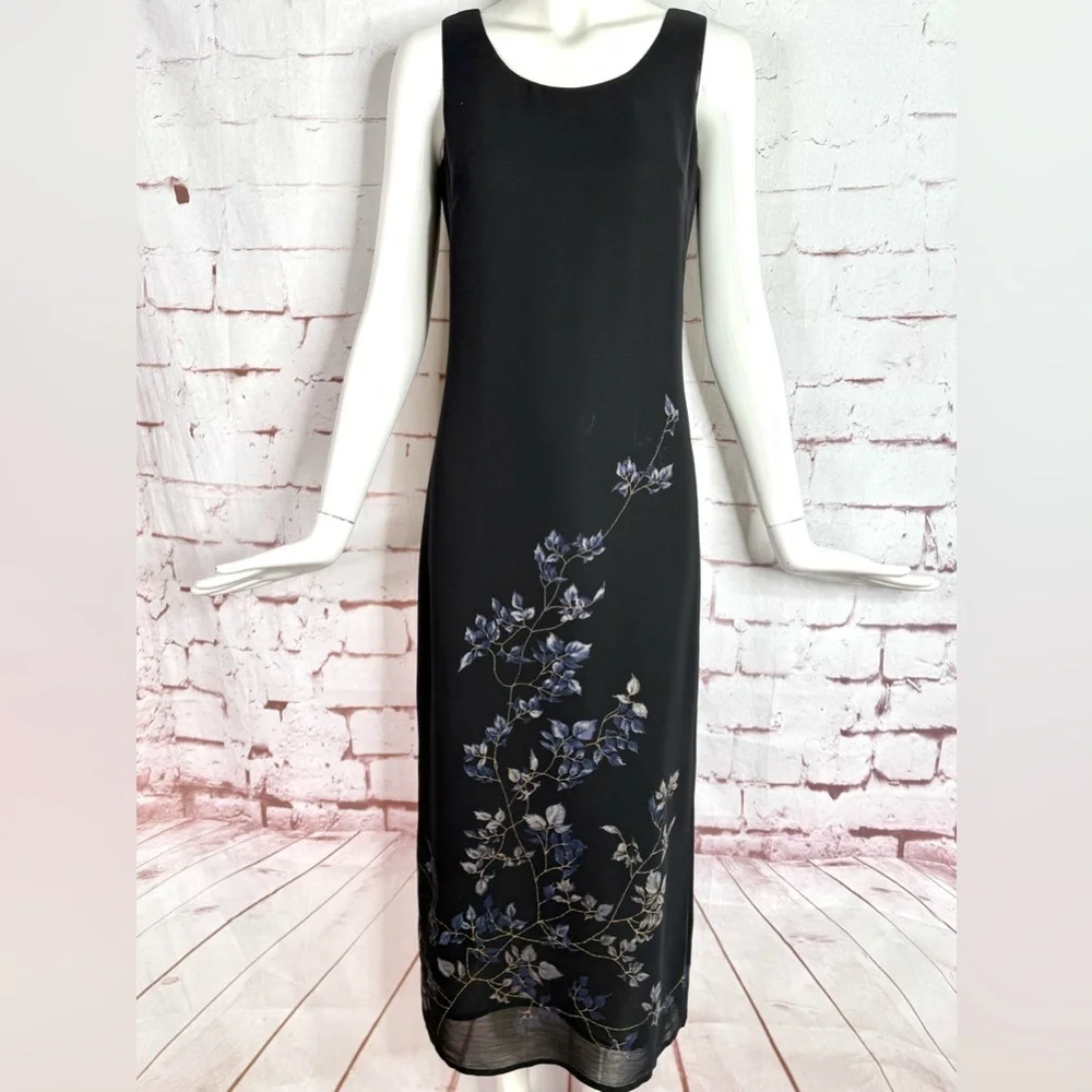 DONNA RICCO New York 2 PETITE Floral design on Black lined sheath maxi dress 2P - Picture 3 of 12